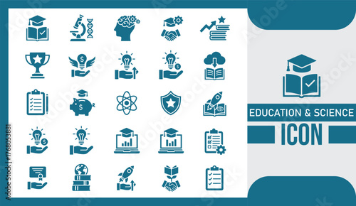  Education and Science Icon Set Flat Vector Collection Featuring Learning, Research, Laboratory, and Academic Knowledge Symbols