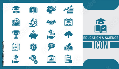  Education and Science Icon Set Flat Vector Collection Featuring Learning, Research, Laboratory, and Academic Knowledge Symbols
