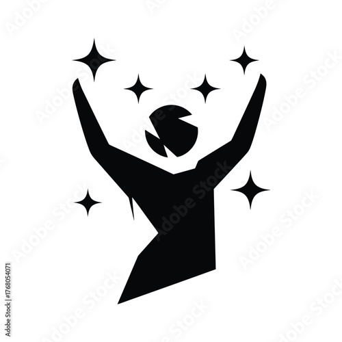 Silhouette of a person with arms raised surrounded by sparkling stars