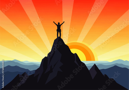 Silhouette of a person standing on a mountain peak with arms raised, celebrating success against a backdrop of a vibrant sunrise.