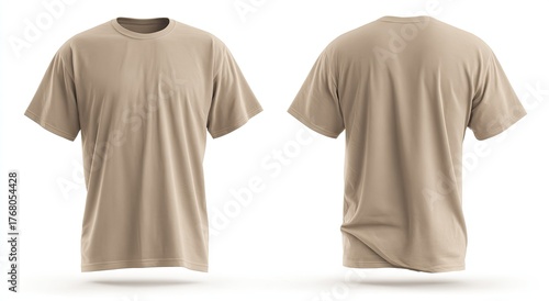 Plain tan tee, front & back view, isolated on white