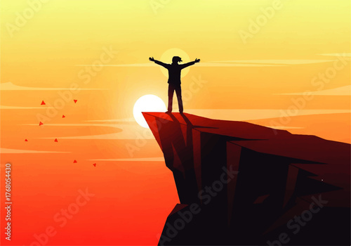 Silhouette of a person standing on a cliff with arms raised, facing a bright sunrise or sunset. Birds fly in the distance.