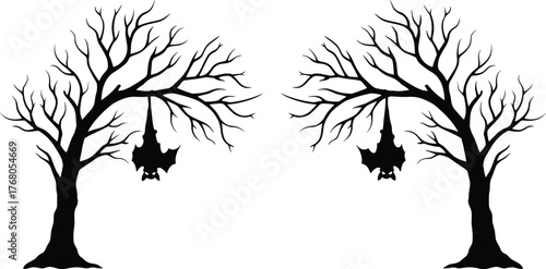 Two spooky leafless trees with hanging bats, eerie Halloween forest silhouette, gothic nature illustration for decoration, design, and backgrounds