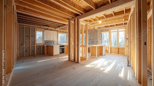 Home construction framing transitioning into modern finished kitchen