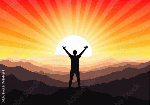Silhouette of a person with arms raised in celebration against a vibrant, radiant sunset over a mountainous landscape.