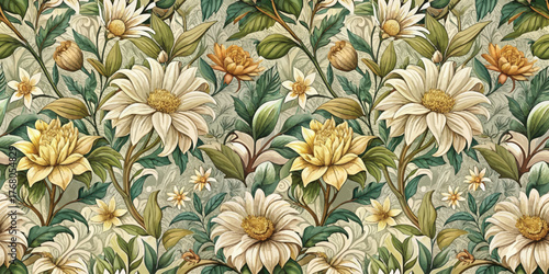 Colorful floral pattern featuring intricate designs with white and yellow flowers against a textured backdrop.