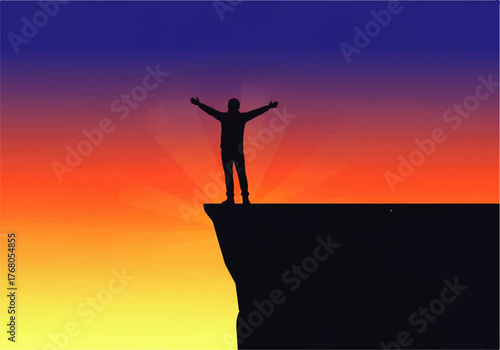Silhouette of a person standing on a cliff edge with arms raised against a vibrant sunset sky.