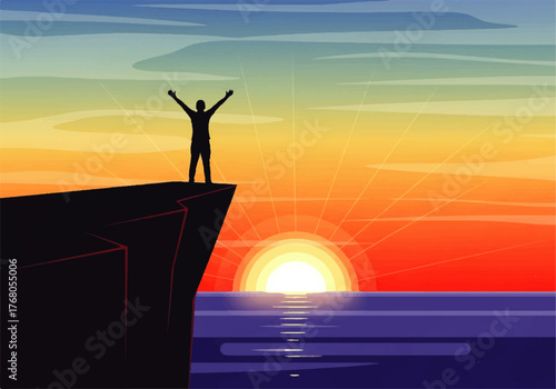 Silhouette of a person standing on a cliff with arms raised, celebrating a vibrant sunrise over the ocean.