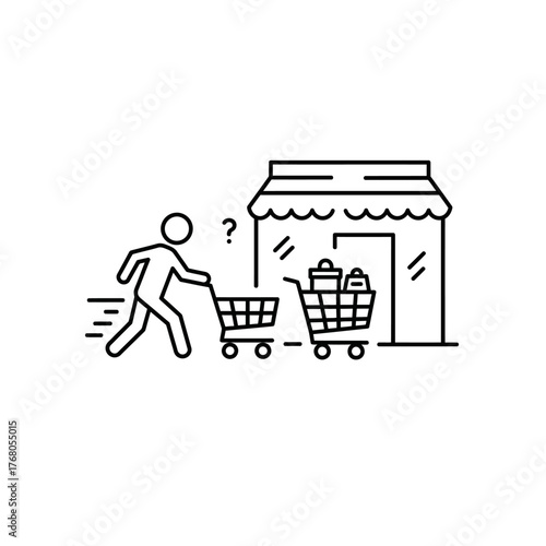 Man running with shopping cart near store decision making.