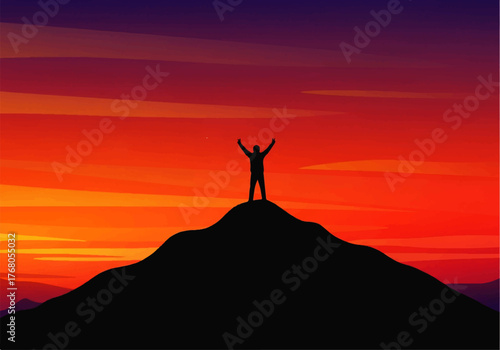 Silhouette of a person standing atop a mountain with arms raised against a vibrant sunset sky.
