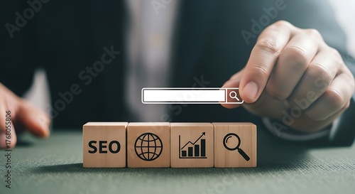 Businessman holding a magnifying glass over SEO blocks on a table for website optimization and online marketing purposes.