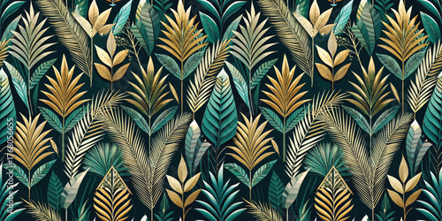 Vibrant tropical foliage pattern featuring lush green and gold leaves on a dark background.