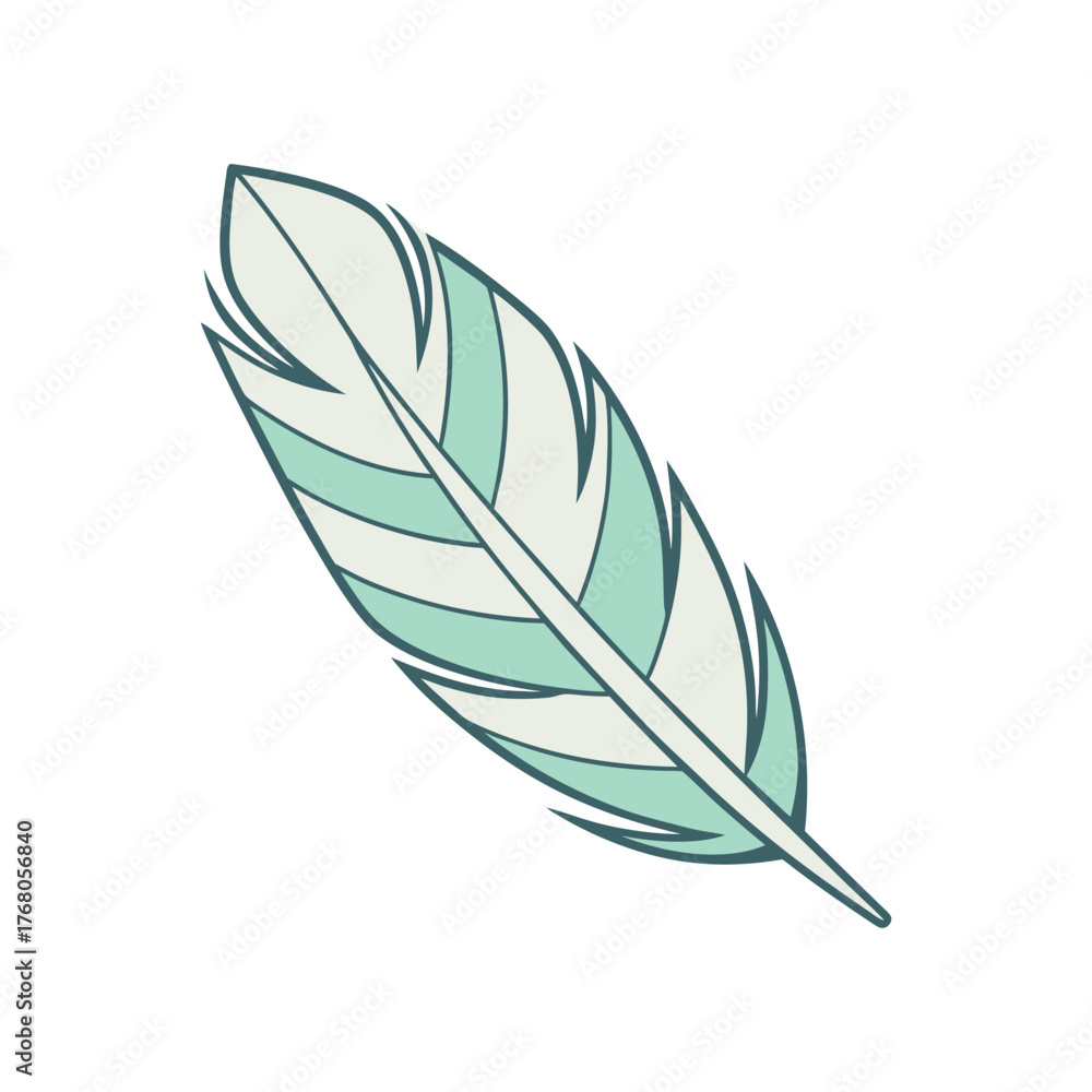 Fototapeta premium Mint Green Feather Illustration With Dark Outline On White Background Keywords: feather, quill, bird, wing, flight, nature, delicate, light, soft