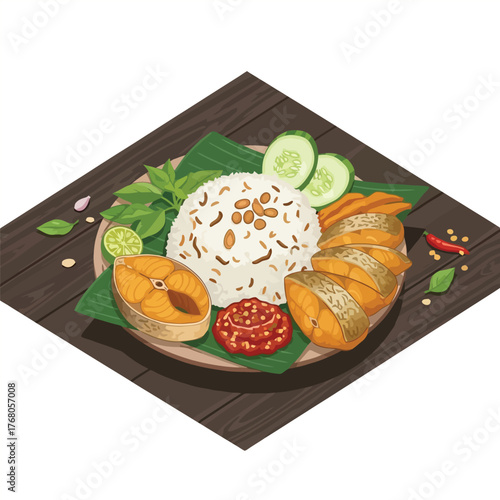 Delicious Indonesian Nasi Uduk with Fried Fish and Sambal.