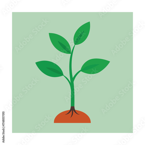 Simple illustration of a green plant sprout with roots emerging from brown soil on a light green background