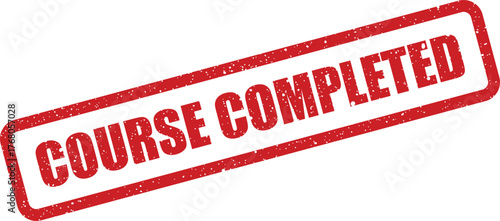 Grunge textured rubber stamp impression with COURSE COMPLETED message indicating successful educational achievement or training finalization