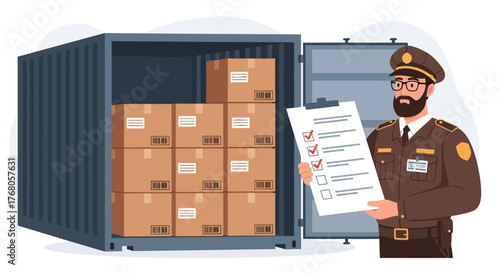 Illustration of a delivery man holding a checklist in front of an open shipping container filled with boxes.