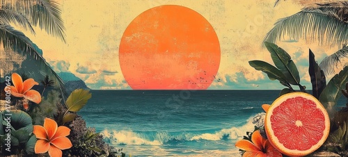 Vibrant tropical beach scene with large orange sun setting over ocean waves surrounded by lush green palm leaves, orange flowers, and a sliced grapefruit in foreground