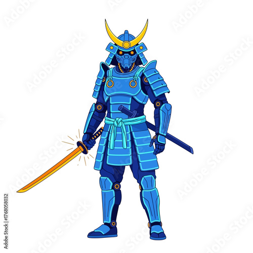 A blue samurai warrior in armor stands confidently with a glowing orange katana and a blue sword against a clean white background.
