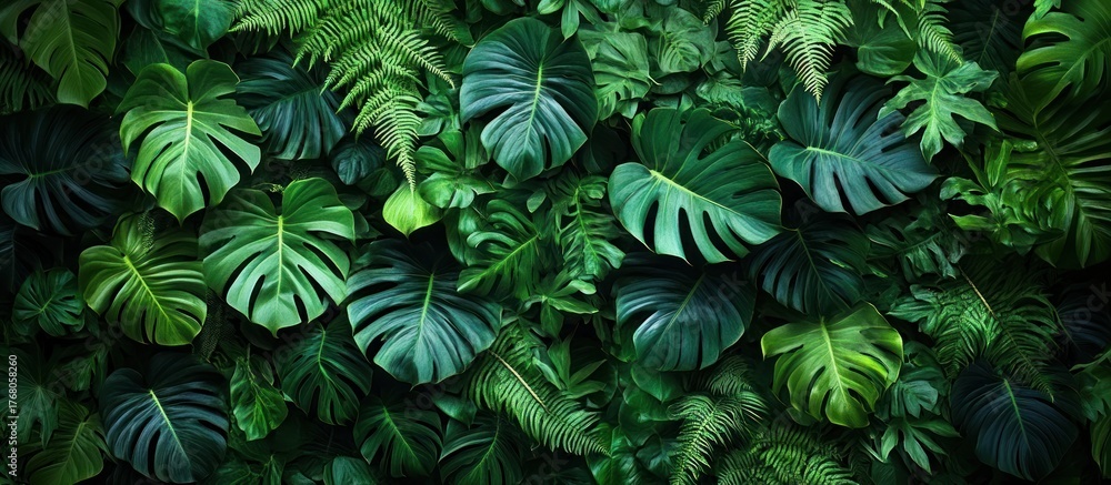 Fototapeta premium Dense arrangement of various large green tropical leaves with lush texture and deep contrasting shades creating a vibrant natural pattern