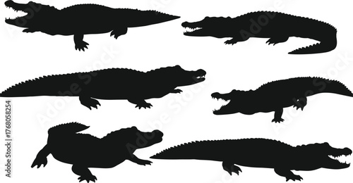 Black crocodile and alligator silhouettes collection, wild reptile vector illustration for logo design, tattoo art, wildlife, and nature themes
