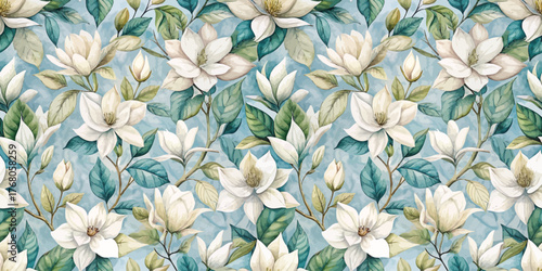 Elegant floral pattern featuring white magnolia flowers and lush green leaves on a soft blue background.