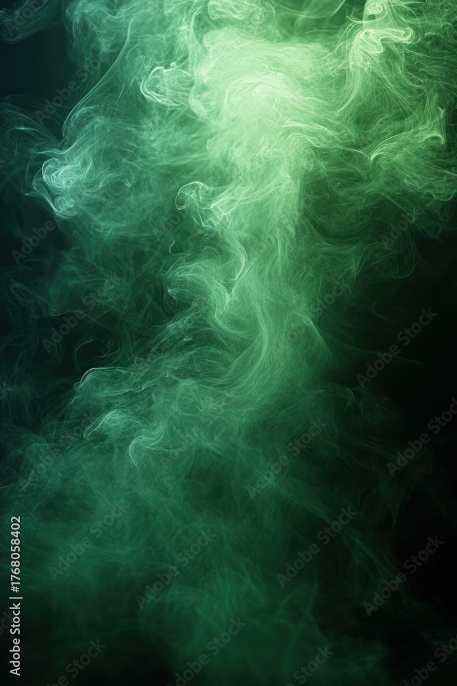 Fototapeta premium Swirling green smoke or mist forming abstract patterns against a dark background evoking a mysterious and ethereal atmosphere