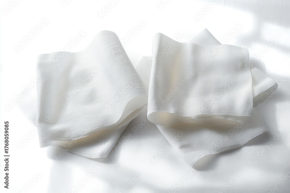 Obraz premium Two pieces of soft white gauze fabric loosely folded and gently layered on a white surface with soft lighting