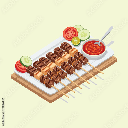 Delicious Satay Skewers with Peanut Sauce and Fresh Vegetables.