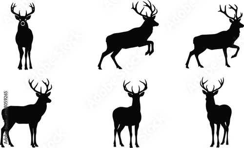 Black silhouette collection of deer with antlers, standing and jumping poses, wildlife animal vector illustration for forest, nature and hunting design