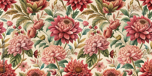 A vibrant floral wallpaper pattern featuring intricate blooms in warm hues.