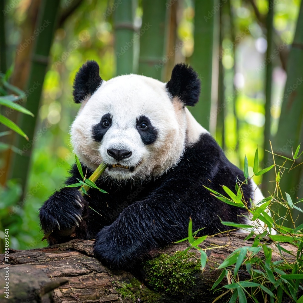 Fototapeta premium Adorable Giant Panda Eating Bamboo in Lush Green Forest Sanctuary