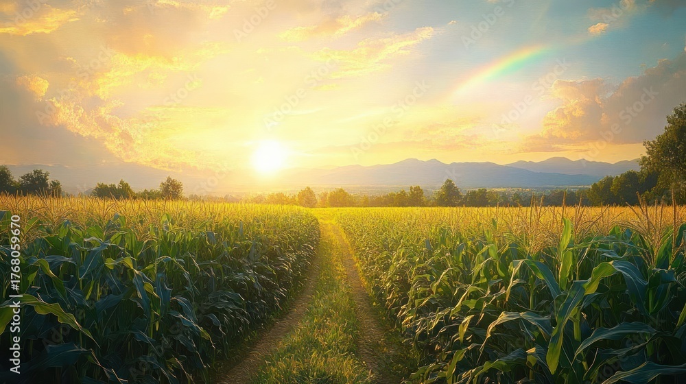 Fototapeta premium Golden sunlight illuminating a lush green cornfield with a clear sky featuring a soft rainbow above distant mountains in a peaceful rural landscape