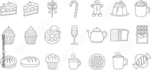 Christmas food and drink icons including cake, candy, gingerbread, tea, and hot cocoa