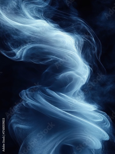 Abstract swirling white smoke or mist with flowing, wispy patterns on a dark background creating a mysterious and ethereal atmosphere