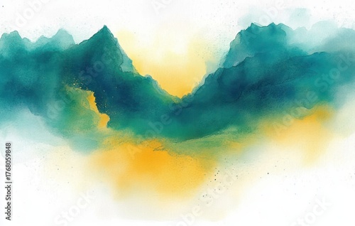 Abstract watercolor painting of mountain silhouettes with misty green and orange hues creating a serene and dreamy landscape