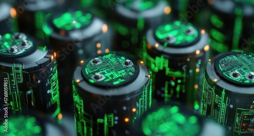 Close-up view of futuristic electronic components with glowing green circuit patterns and small orange lights on black cylindrical structures creating a high-tech atmosphere