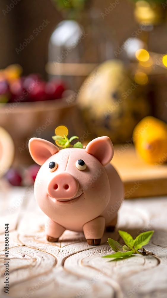 Obraz premium A cheerful, miniature pig figure on a wooden surface