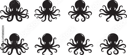 Eight black octopus illustrations with curled tentacles on white cephalopod marine life