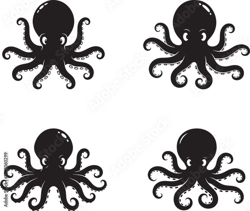 Four black cartoon octopuses with white eyes and suction cups vector