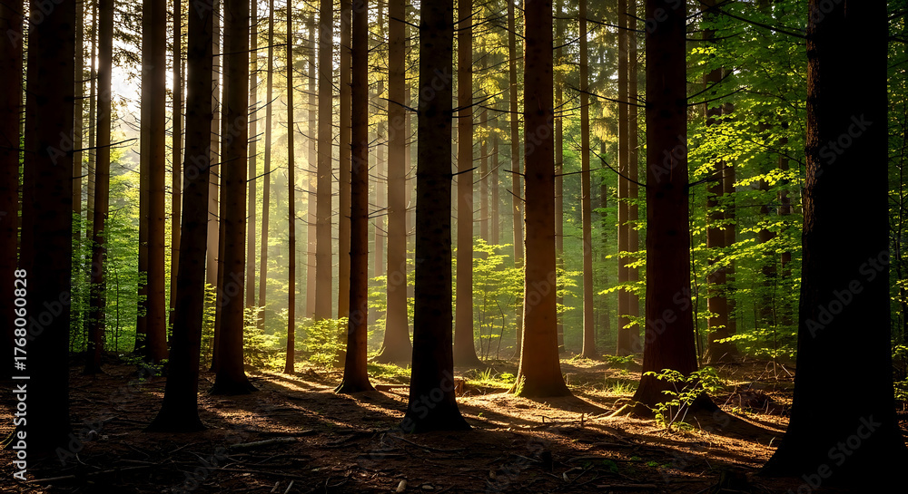 Fototapeta premium Sunlight filters through dense forest creating beautiful shadows on ground