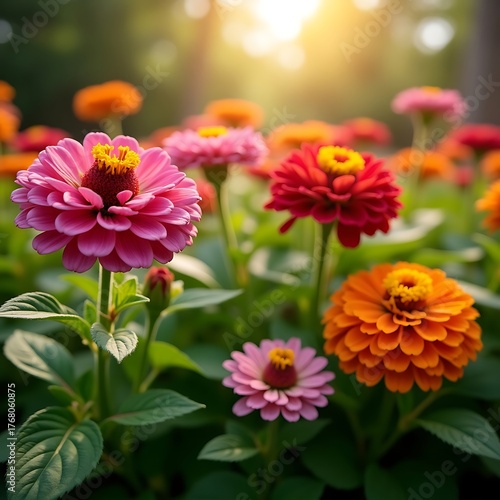 Beautiful zinnia flowers blooming in garden summer colorful floral background wallpaper photography image