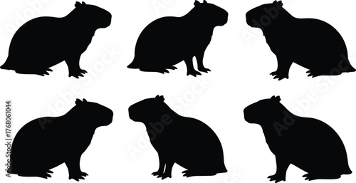 Black silhouette set of capybara in sitting position, isolated animal shapes collection, wildlife rodent outlines, vector illustration for design and art