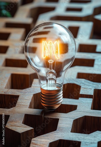 Glowing light bulb placed in a carved wooden surface with square-shaped recesses, symbolizing creativity and innovation