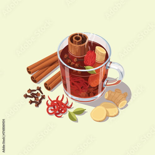 Glass mug of hot mulled wine with aromatic spices and ingredients.