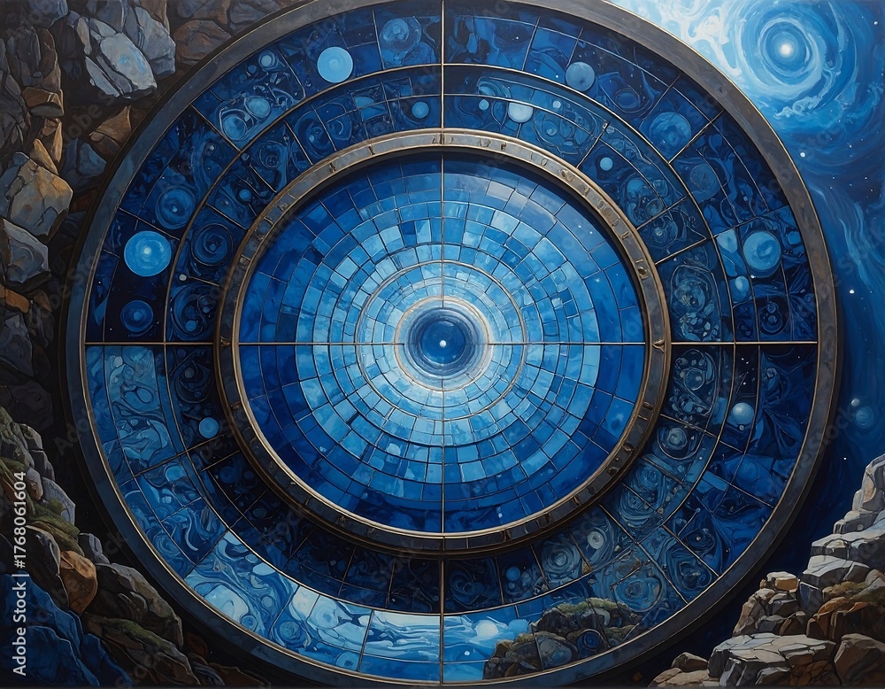 Fototapeta premium Abstract artwork of a celestial observatory with cosmic and starry sky elements