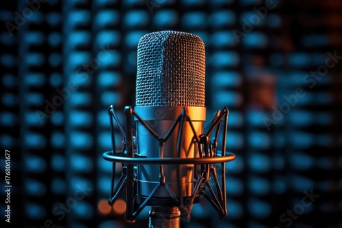 Close-up of a professional studio microphone with shock mount illuminated by warm and cool lighting against a defocused acoustic foam panel background