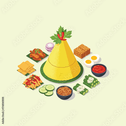 Indonesian Nasi Tumpeng Traditional Food Dish with Side Dishes.