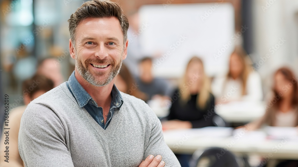 Fototapeta premium Confident middle-aged Caucasian man smiles at the camera in a business setting filled with engaged colleagues in the background.