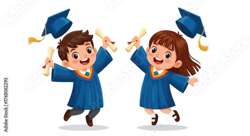 Happy Cartoon Kids Graduation Vector: Boy and Girl Jumping with Diplomas